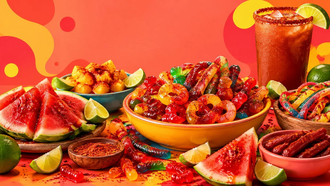 A vibrant spread of chamoy candy, fruit, chili, lime, and a michelada glass celebrating the swangy flavor trend