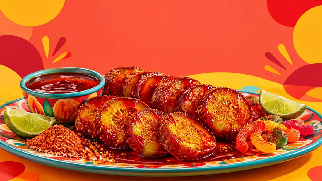 Bright red chamoy-coated dill pickle slices on a colorful party platter with lime wedges, chili-lime seasoning, chamoy sauce,