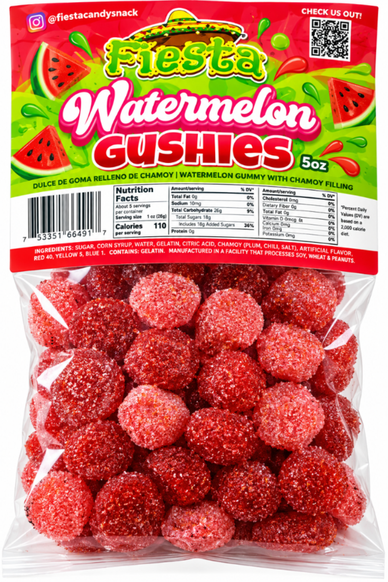 A 5 oz bag of Fiesta Watermelon Gushies candy, showing the colorful printed header card and a clear plastic bag filled with red sugar-coated gummy candies.