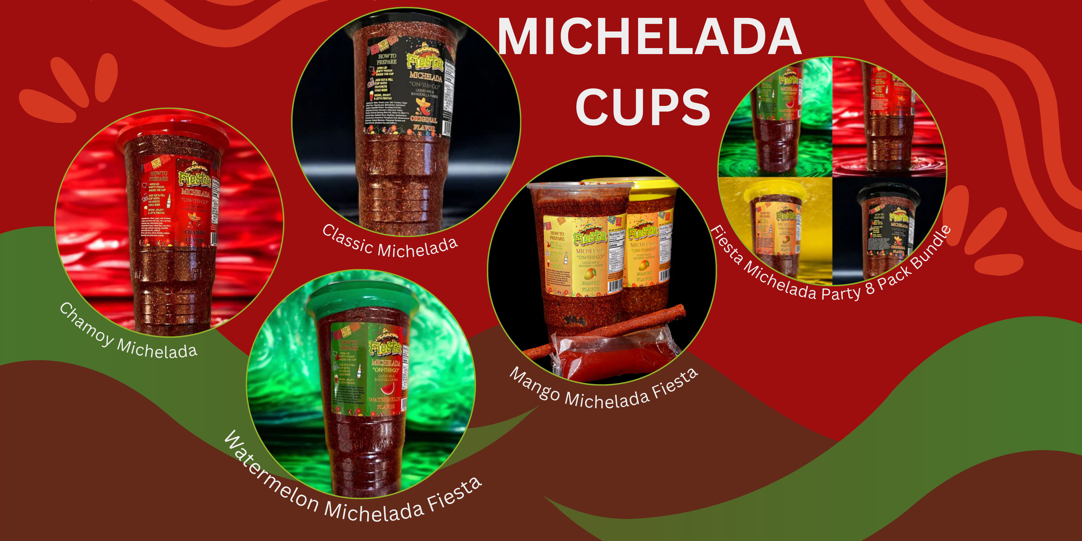 Promotional image of Michelada cups with various flavors on a colorful background