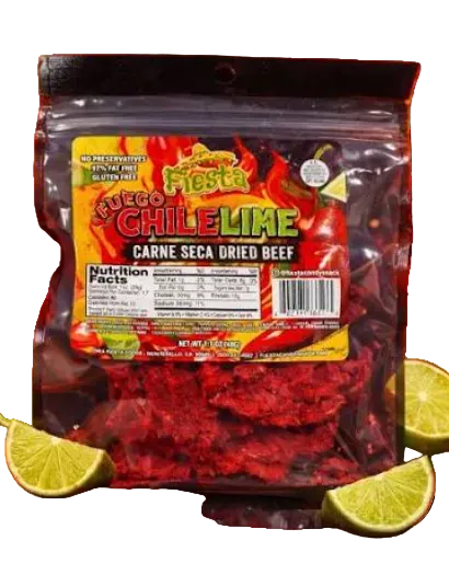 A package of Fiesta Branduego Chile Lime Carne Seca Dried Beef, shown in a clear plastic bag with a colorful red, yellow, and orange label. Lime slices are arranged around the base of the package on a plain white background.