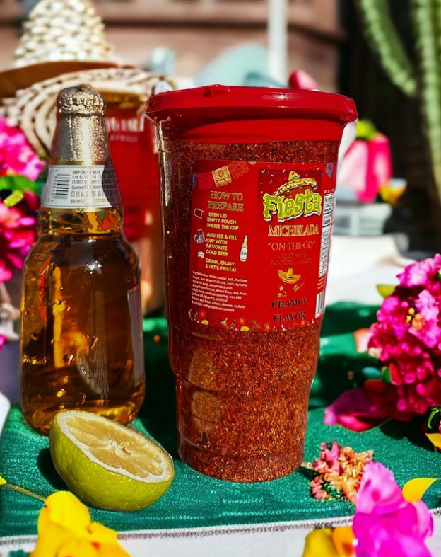 Fiesta Chamoy Michelada Cup with a spicy rim and ready-to-use mix