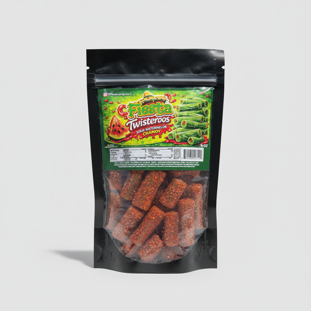 A hand holding a 6 oz bag of Fiesta Twisteroos Sola Watermelon Chamoy sour watermelon candy. The packaging features a green label with the brand name 'Fiesta' and product name 'Twisteroos' in stylized yellow and red lettering, with a clear lower section showing the reddish-brown seasoned watermelon sticks inside.