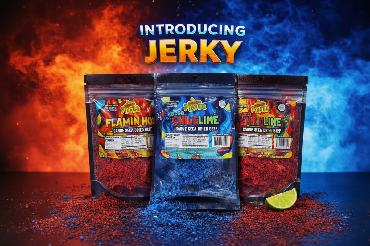 Three bags of Fleets Chile Line carne seca dried beef jerky are displayed against a dramatic fiery blue and orange background with the text 'INTRODUCING JERKY'.